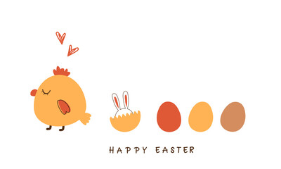 Chicken, hand drawn hearts and Easter eggs icon isolated on white background vector illustration.