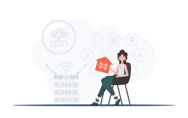 Internet of things concept. The girl sits in a chair and holds an icon of a house in her hands. Good for websites and presentations. Vector illustration in flat style.