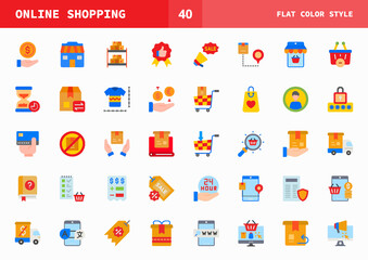 Online Shopping icon set flat color of vector icons. Can used for digital product, presentation, UI and many more.