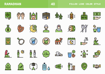 Ramadan icon set line color of vector icons. Can used for digital product, presentation, UI and many more.