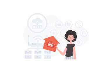 Fototapeta na wymiar The woman is depicted waist-deep, holding an icon of a house in her hands. IOT and automation concept. Good for presentations and websites. Vector illustration in trendy flat style.