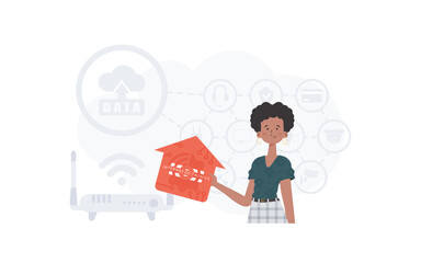 The woman is depicted waist-deep, holding an icon of a house in her hands. IOT and automation concept. Good for presentations and websites. Vector illustration in flat style.