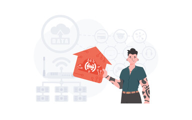 The man is depicted waist-deep, holding an icon of a house in his hands. Internet of things and automation concept. Good for presentations and websites. Vector illustration in trendy flat style.