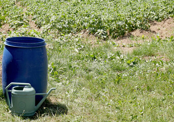 Water barrel and watering can on the farmland