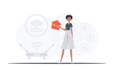 Internet of things concept. The woman is depicted in full growth, holding an icon of a house in her hands. Good for presentations. Vector illustration in trendy flat style.