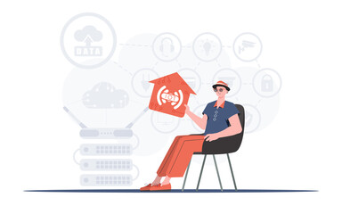 Internet of things concept. A man sits in an armchair and holds a house icon in his hands. Good for presentations. Vector illustration in flat style.