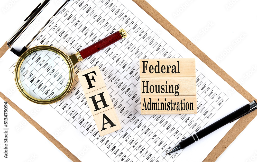 Poster fha text on wooden block on chart background