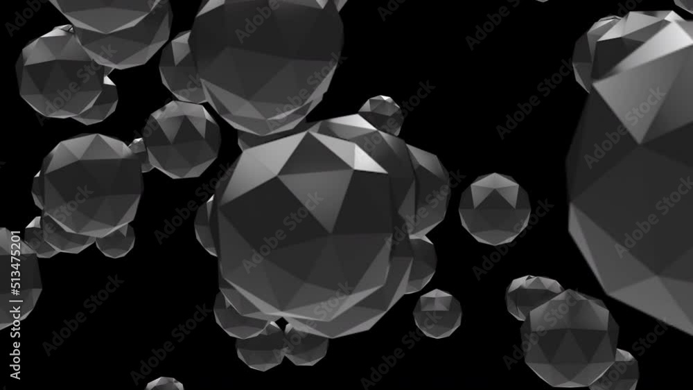 Poster abstract shot of blurry round polyhedrons flying in space. geometric computer graphics. close-up. 3d
