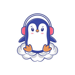 cute penguin with headset and sitting on cloud