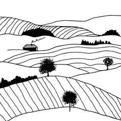 Black and white hand drawn countryside scenery. Graphic vector illustration Italian landscape