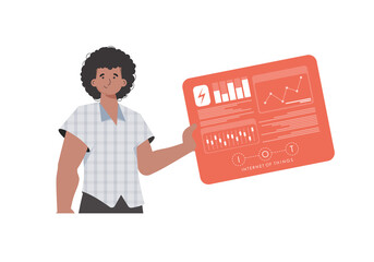 A man holds a panel with analyzers and indicators in his hands. Internet of things concept. Isolated. Trendy flat style. Vector.