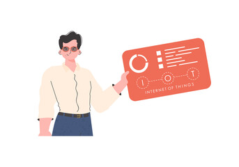 A man holds a panel with analyzers and indicators in his hands. Internet of things and automation concept. Isolated. Vector illustration in flat style.