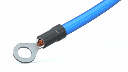 Blue electrical wire with ring terminal for screw mounting. Power cable with connector isolated on white. 3d illustration