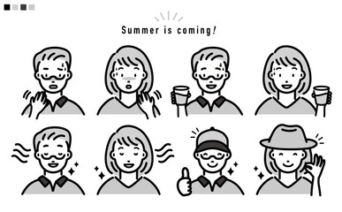 夏テーマの男性と女性の上半身 イラスト_モノトーン