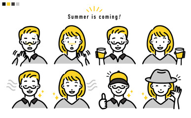 夏テーマの男性と女性の上半身 イラスト_黄とモノトーン