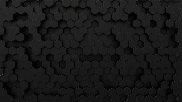 Hexagon black metalic background, modern textured border pattern. 3d render