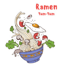 Bowl noodles. Ramen logo. Asian food. Chinese, Korean, Japanese cuisine. Logo template. Hand drawn vector illustration.