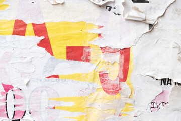 Torn street poster background, abstract ripped paper collage with text and numbers