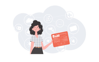 Internet of Things Concept. A woman holds a panel with analyzers and indicators in her hands. Good for websites and presentations. Trendy flat style. Vector.