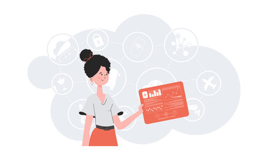 Internet of Things Concept. A woman holds a panel with analyzers and indicators in her hands. Good for websites and presentations. Vector illustration.