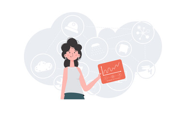 IOT concept. A woman holds a panel with analyzers and indicators in her hands. Good for websites and presentations. Vector illustration.