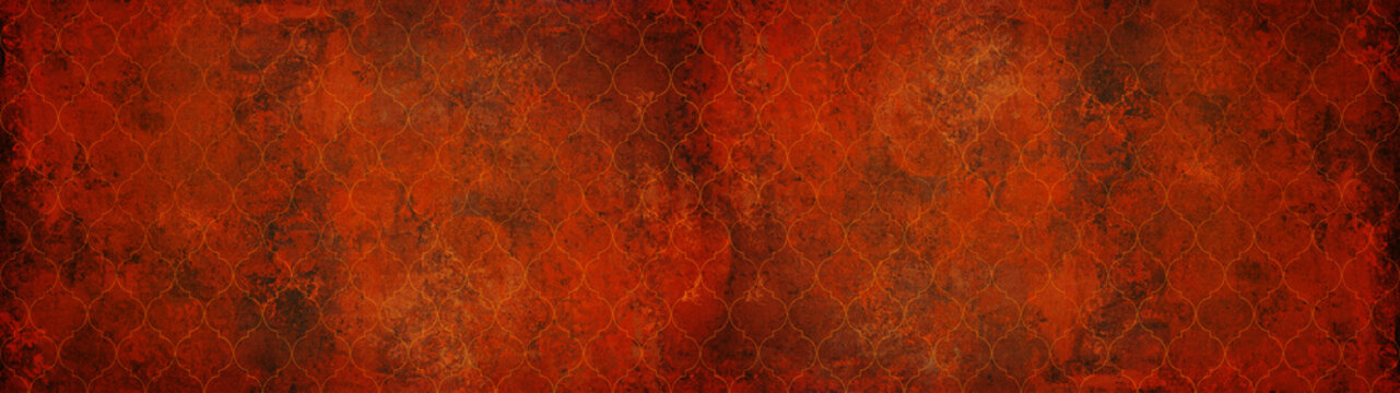 Old brown blue rusty vintage worn shabby ornate patchwork motif porcelain stoneware tiles stone concrete cement wall texture background panorama, with arabesque mesh-mounted print