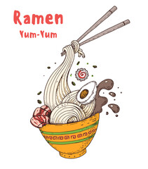 Bowl noodles and chopsticks. Ramen logo. Asian food. Chinese, Korean, Japanese cuisine. Logo template. Hand drawn vector illustration.
