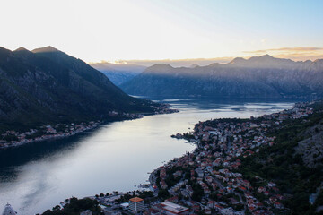 Sunset time in Kotor Montenegro , With sunlight , background mountain 