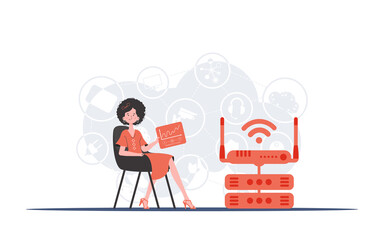 Internet of things concept. A woman sits in a chair and holds a panel with analyzers and indicators in her hands. Good for websites and presentations. Vector illustration in trendy flat style.