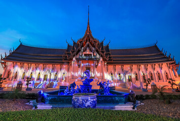 Ancient Siam,Samut Prakan,Thailand on April 3,2021:Beautiful illuminations at central zone of...