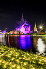 Fototapeta na wymiar Ancient Siam,Samut Prakan,Thailand on April 3,2021:Beautiful illuminations at central zone of Ancient city during 