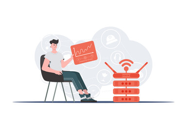 Internet of things concept. A man sits in a chair and holds a panel with analyzers and indicators in his hands. Good for websites and presentations. Vector illustration in flat style.