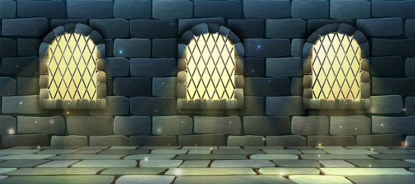 Vector cartoon style illustration banner for web video games. Old arc windows and glowy mystery light coming in castle. Brick wall.