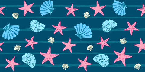 Fototapeta na wymiar Blue seashells and pink starfish on a dark turquoise striped background. Marine endless texture. Vector seamless pattern for wrapping paper, cover, packaging, surface texture and printing on clothes