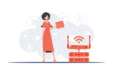 IoT concept. A woman holds a panel with analyzers and indicators in her hands. Good for websites and presentations. Vector illustration in trend flat style.