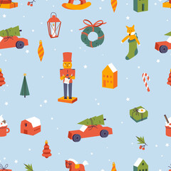 Vector seamless pattern with traditional Christmas decorations. Background with xmas attributes.