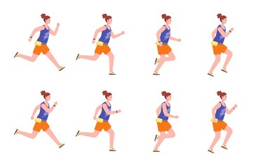 Fototapeta na wymiar Running woman sequence. Sprite animation run women forward, cycle runner poses jogging leg motion 2d animated fitness athlete profile in sport sneakers splendid vector illustration