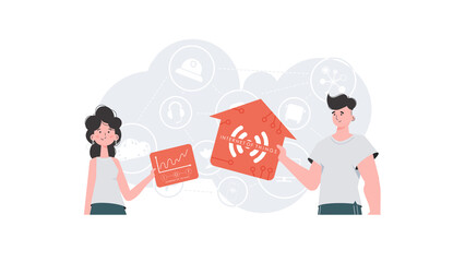 IoT concept. A man and a woman are a team in the field of the Internet of things. Good for presentations and websites. Vector illustration in flat style.