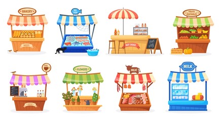 Cartoon street counter. Market stall festival stands buying farmer food product, wood kiosk local fair commercial tent fresh bread coffee bakery farm sale, neat vector illustration