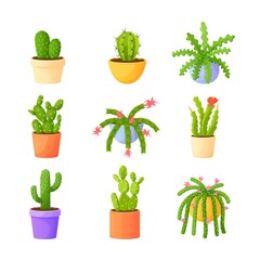 Cartoon home cacti in pots. Cactus plant, succulent flower, garden flowerpot prickly houseplant, mexican exotic green plants with thorns, set flat exact icons vector illustration