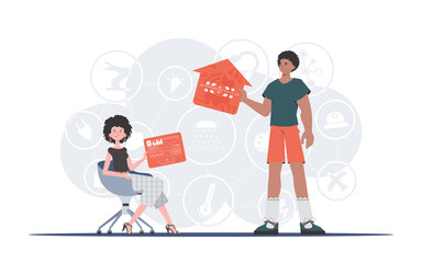 Internet of things concept. A man and a woman are a team in the field of the Internet of things. Good for websites and presentations. Trendy flat style. Vector.