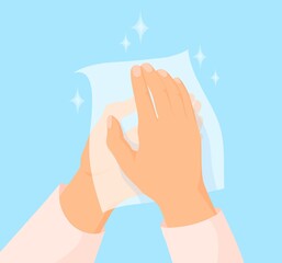 Wipe hands tissue. Hand wipes paper napkins towel wiping dry body, dirt handing rinse cloth sanitary soap kitchen cleaner, wash using hygiene handkerchief neat vector illustration