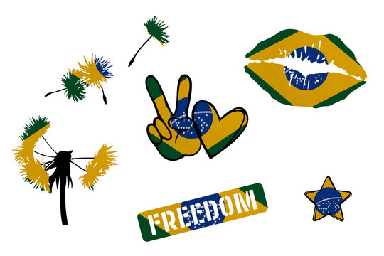 Clip art set in colors of national flag on white background. Brazil