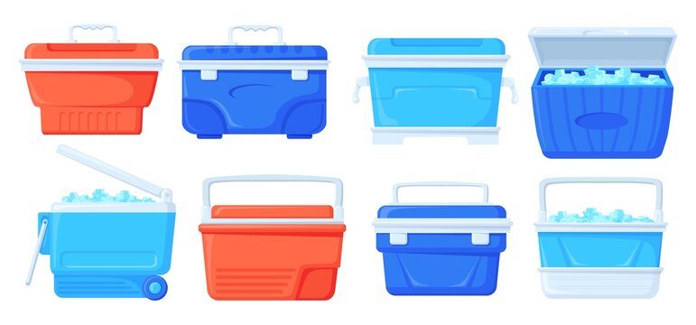 Cooler boxes. Summer ice bag camping beach picnic, portable fridge for cold food drinks cool beer, mobile refrigerator cube travel thermal delivery box, neat vector illustration