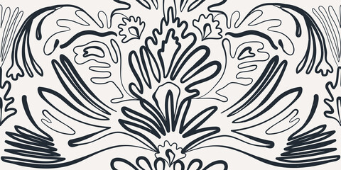 Hand drawn line art abstract organic shapes pattern. Collage contemporary print. Fashionable template for design.