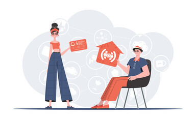 Internet of things concept. The girl and the guy are a team in the field of Internet of things. Good for websites and presentations. Vector illustration.