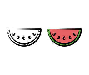 Vector illustration of a slice of watermelon in a hand drawn style on a white background