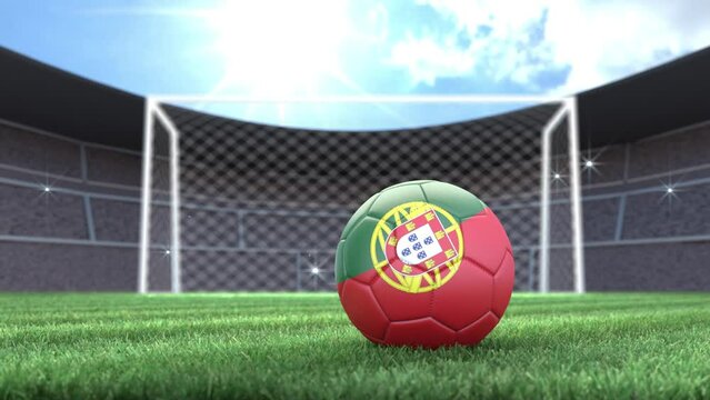 Portugal soccer ball, rolling into stadium with camera flashes. 3D animation