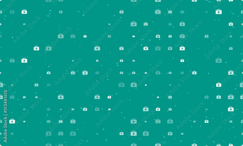 Poster seamless background pattern of evenly spaced white first aid symbols of different sizes and opacity.