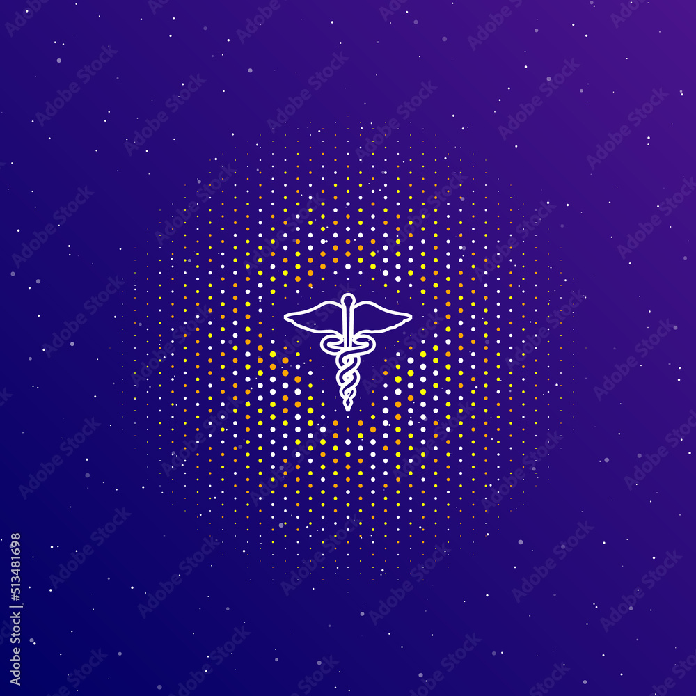 Poster a large white contour caduceus symbol in the center, surrounded by small dots. dots of different col